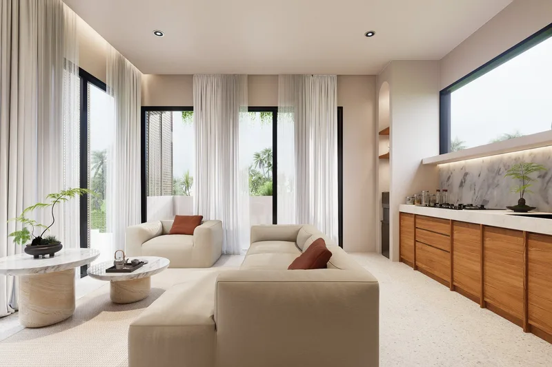 Impressie van de woonkamer van een compacte woning met één slaapkamer in MOKA