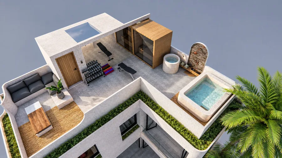 Impressie van een dakterras van bovenaf: sauna, ijsbad, jacuzzi, een sporthoek en een lounge